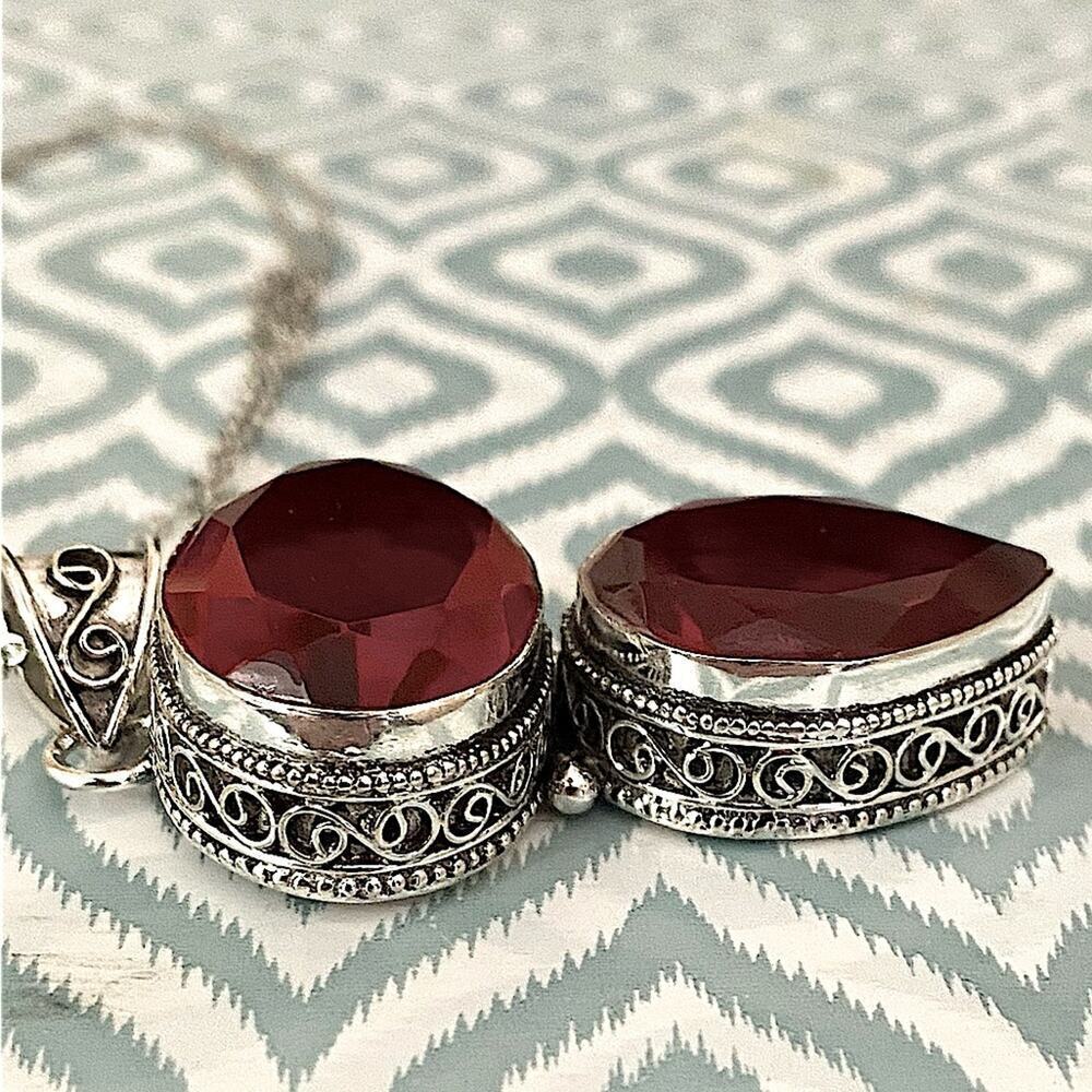 Antique Ruby Pendant Necklace, Sterling Silver, Double Gemstone, Stateme… - Picture 8 of 11